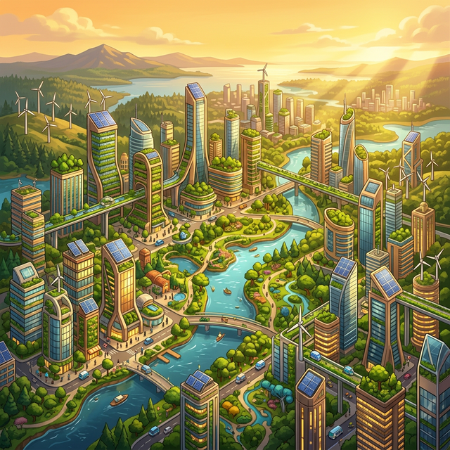 VerdaWorld eco-city builder game showing a futuristic green city
